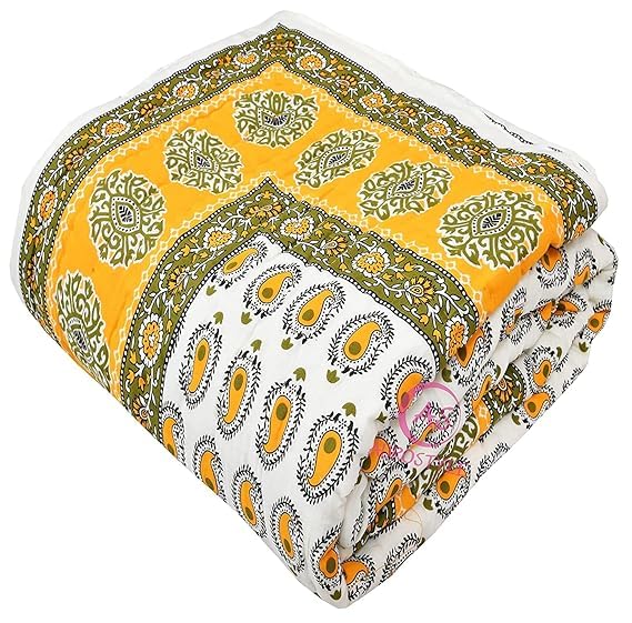 EMIOUR 400 GSM Soft Light Weight Rajasthani Traditional Jaipuri Hand Block Print Summer and Winter Cotton Double Bed Quilt Razai [Double Bed 90 x 105 Inch] (Design 7)