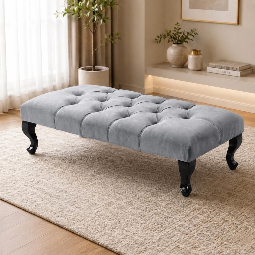 Aiza Chesterfield Velvet Footstool Bench Black Legs 102cm - Silver