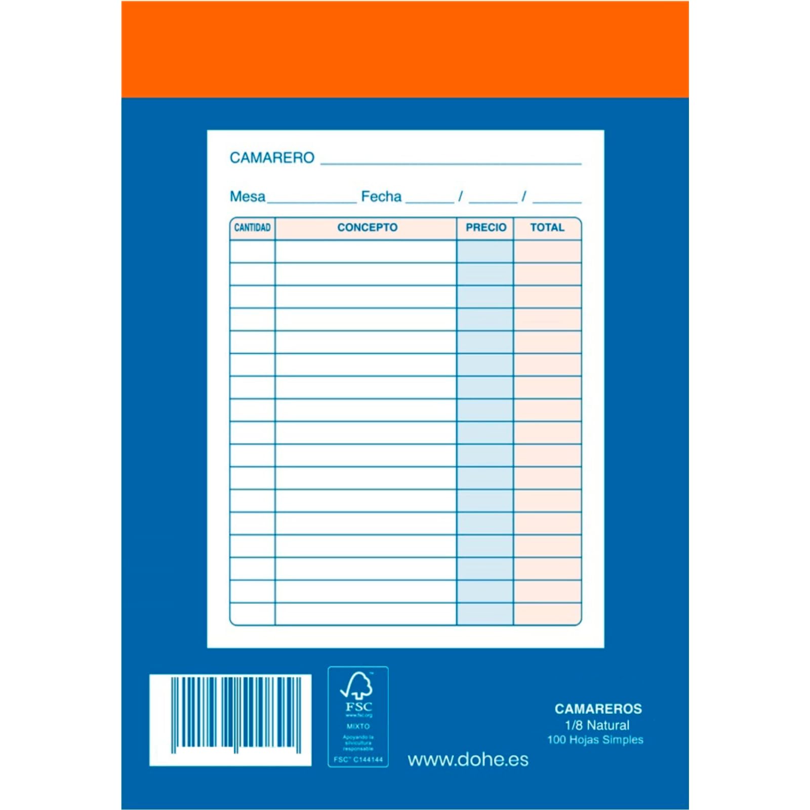 Dohe - Talonaires Serveurs (10 pcs) - Bloc de Commandes, 100 Feuilles Simples Sans Copies, Taille A6 11x15 cm, Blocs de Commandes Hôtellerie, Langue Espagnole, Matériel de Bureau