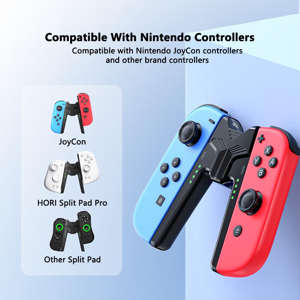RREAKA Charging Grip Handle for Nintendo Switch/OLED for Joy Con, Joystick Charging Comfort V-Shaped Game for joycon Grip Controller with Battery Indicators, for Joy-Con Charger Grip USB C Cable