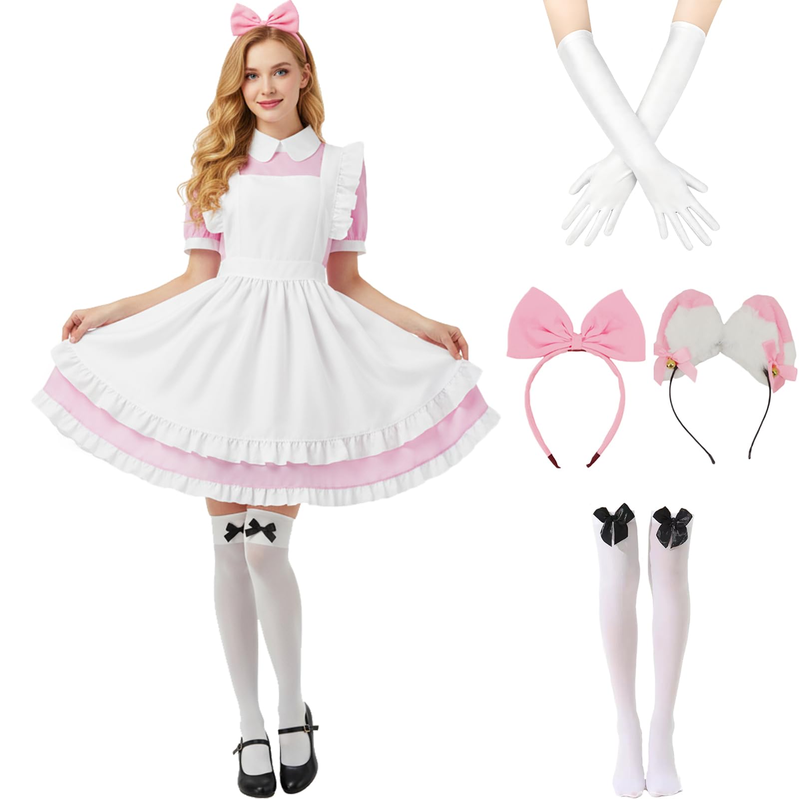 AYYOHON Alice Costume Women Wonderland Maid Outfit Anime Lolita Dress Halloween Cosplay Maid Apron Gloves Headband Socks Set L