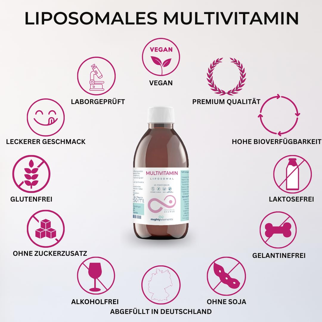 Mighty Elements Liposomales Multivitamin 250ml Vitamin C 200mg Vegan | 16 Vitamine & Mineralstoffe, B-Komplex, D3, K2 (MK-7), Folat, Biotin, 25 Portionen, Blutorange, Made in Germany