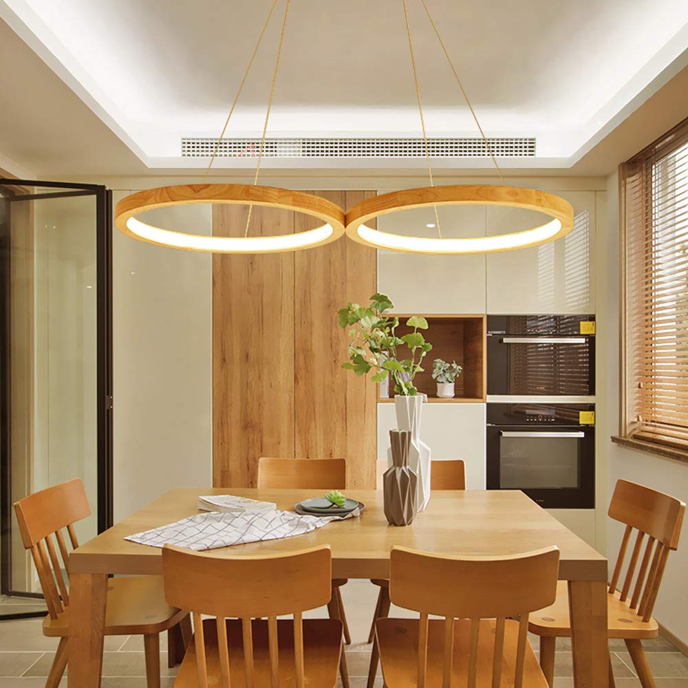 Lampa wisząca LED z podwójnym drewnianym pierścieniem, ściemniana drewniana lampa, regulowany żyrandol, do stołu jadalnego, biura, gabinetu, restauracji, nowoczesnej lampy wiszącej