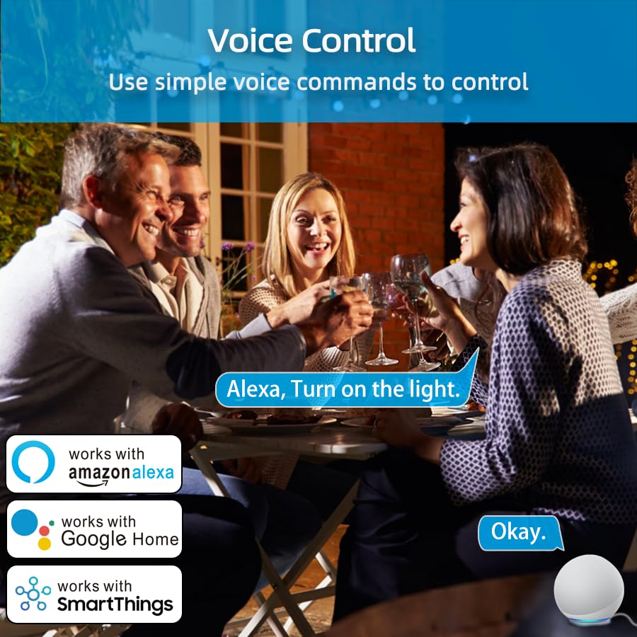 People sitting around a table, with text 'Alexa, Turn on the light.' and 'Okay.' and logos for Alexa, Google Home, and SmartThings.