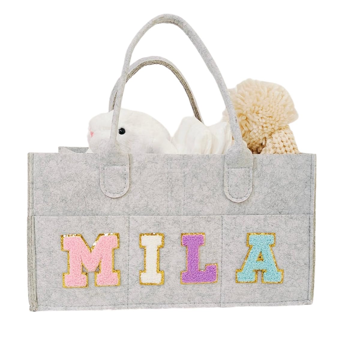 Personalized Baby Diaper Caddy, Easter Basket, Nursery Storage Bin for Changing Table, Baby Shower Basket for Newborn, Baby Shower Gifts, New Mom Gifts, Car Caddy, Chenille Letter Patches