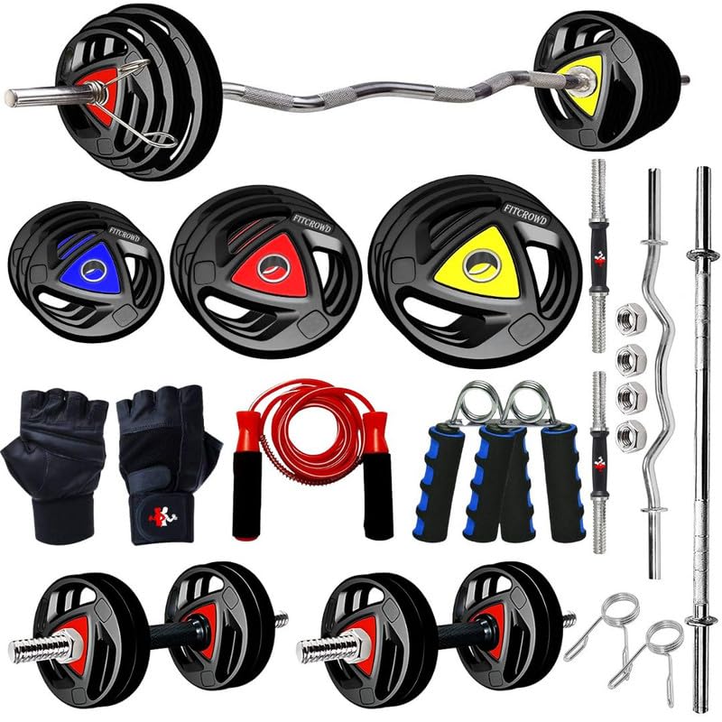 Image of 10KG Rubber Coated Weight Plates Combo | Complete Home Gym Set with 5Ft Straight Rod & 3Ft Curl Rod (23mm), Pair of Steel Dumbbell Rods & Full Accessories Kit for Strength & Fitness Training at Home