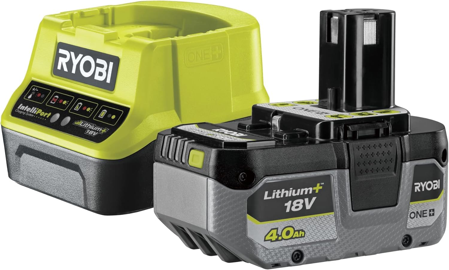 Ryobi RC18120-140XG, Kit Batteria al Litio 18V One+ 4.0Ah e Caricabatteria Rapido 2.0A, Batteria di Lunga Durata con 4 Indicatori dello Stato di Carica, Tecnologia IntelliCell, Fai da Te