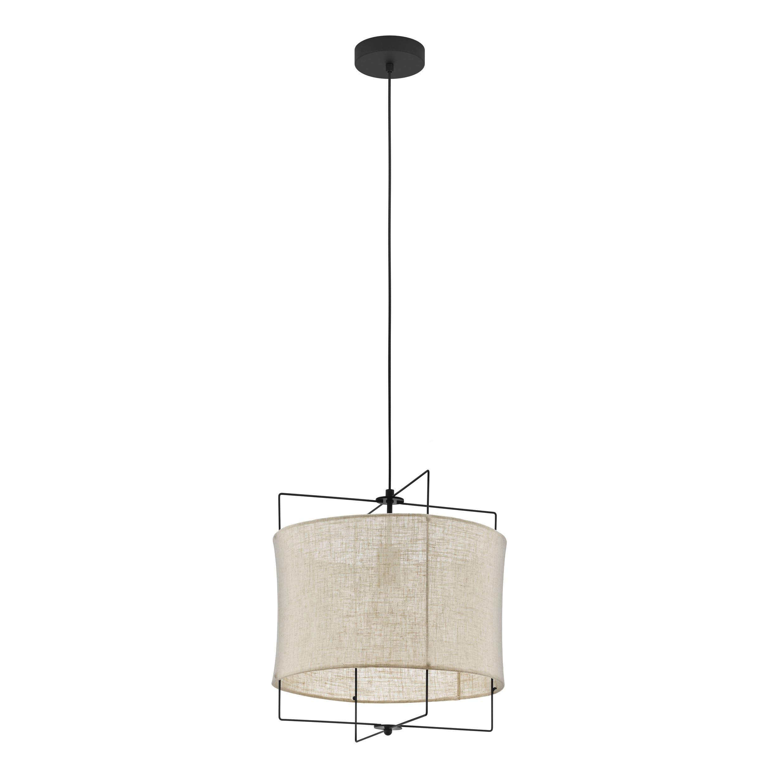 EGLO lampa wisząca Bridekirk, 1-płomienna, vintage, naturalna, boho, hygge | stal czarna, tkanina naturalna, do jadalni i salonu, E27, Ø 40 cm