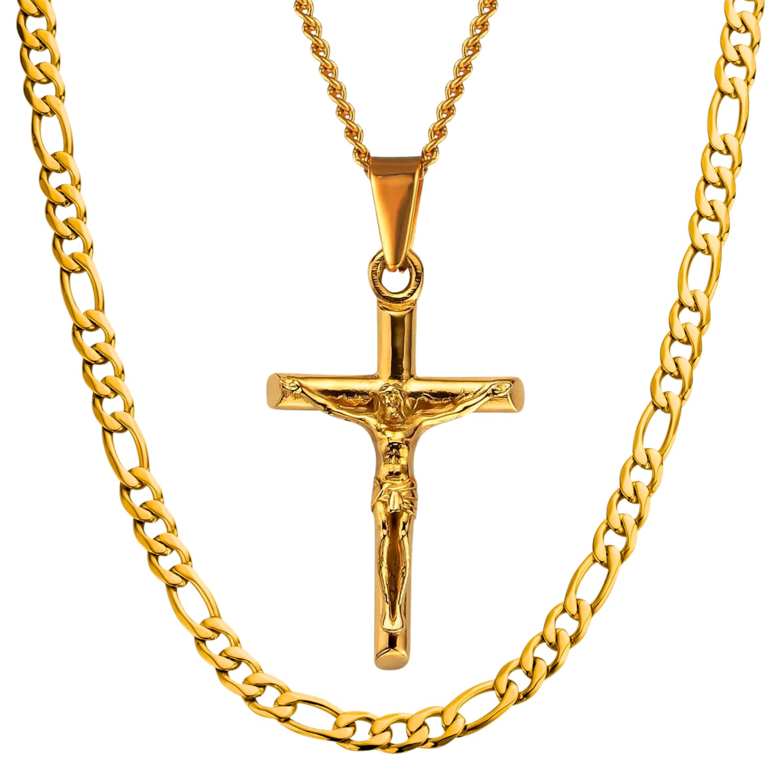 DVRK® Set 2 Collane Uomo Oro 18k con Base in Acciaio Inossidabile 316L - Collana Uomo Oro e Collana Crocifisso Resistente all'Acqua - Catena, Gioelli, Placatto, Regalo