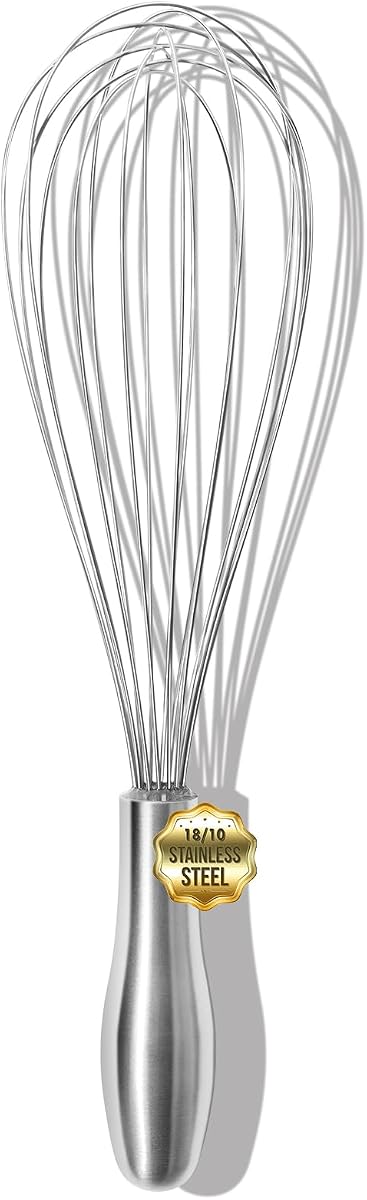 Batidor de acero inoxidable OYV 18/10, batidor de metal de 12 pulgadas, mango ergonómico | Apto para lavavajillas, diseño de globo de 8 hilos, resistente a la oxidación, mango sellado impermeable, para huevos, salsas, masa y crema