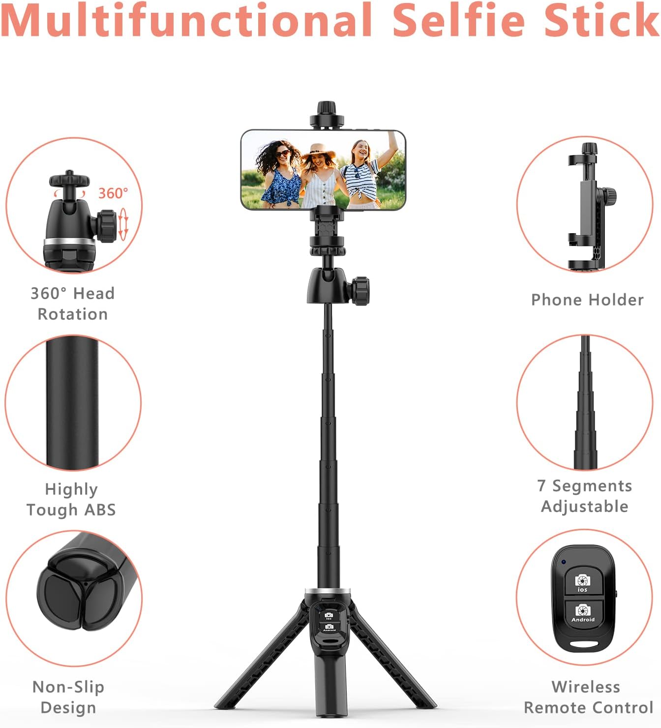 Torjim Selfie Stick Tripod with Remote, 40 inch Extendable Selfie Stick for iPhone, Portable & Lightweight Phone Tripod Compatible with iPhone/Android, Perfect for Selfies/Video Recording/Vlogging