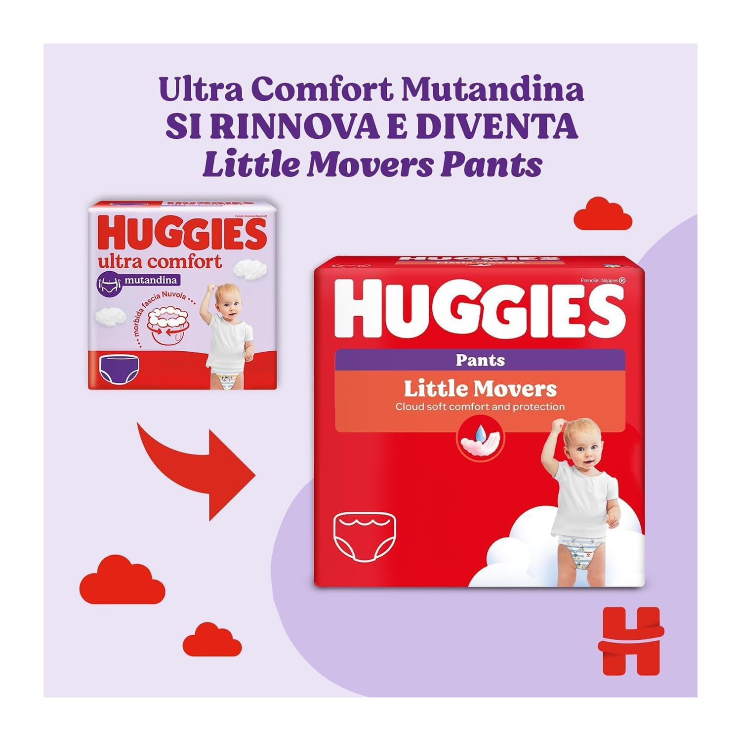 HUGGIES Little Movers - Culottes bébé Taille 6 (15 -25kg) - Facile à mettre et à enlever, Absorbtion rapide, Pas de Fuite, jusqu'à 12h au Sec - Ceinture extensible ultra douce - Pack 96 Culottes
