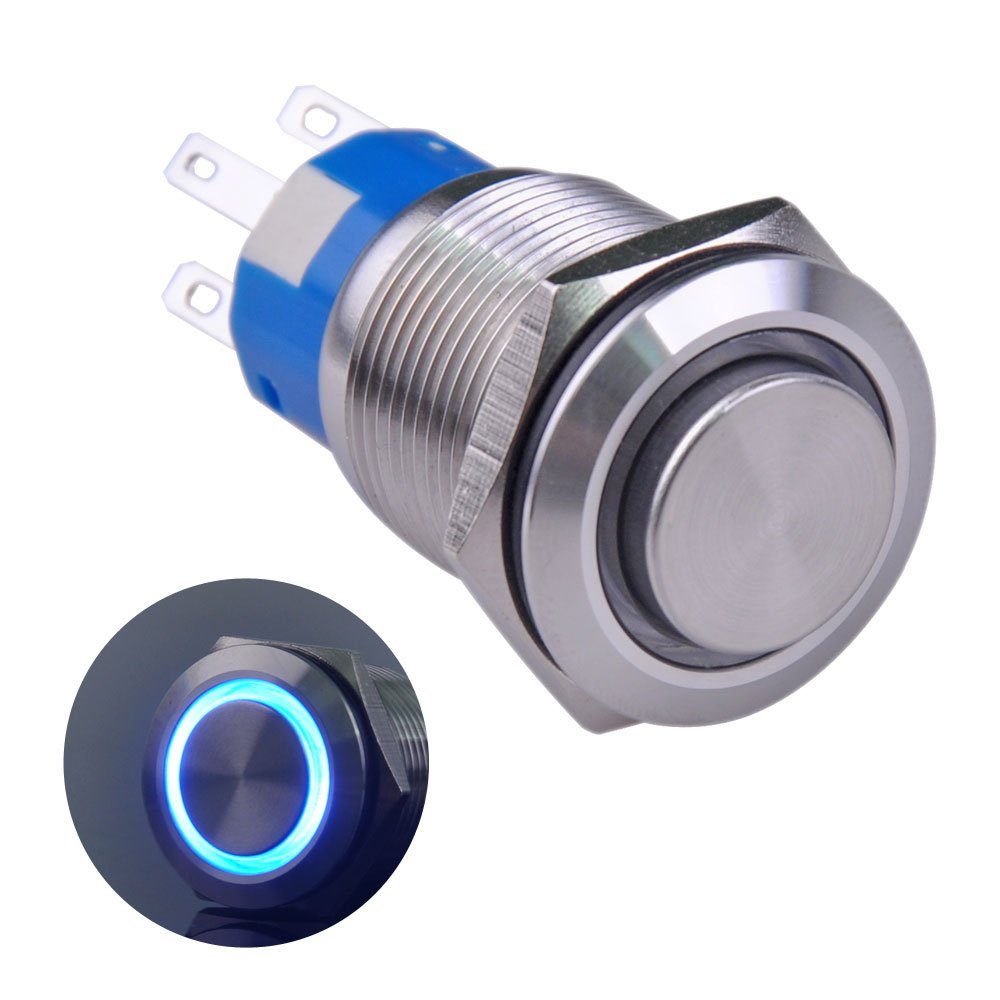 Ulincos® Latching Push Button Switch U19C2 1NO1NC SPDT ON/Off Silver Stainless Steel Shell with Blue LED Ring Suitable for 19mm 3/4" Mounting Hole (