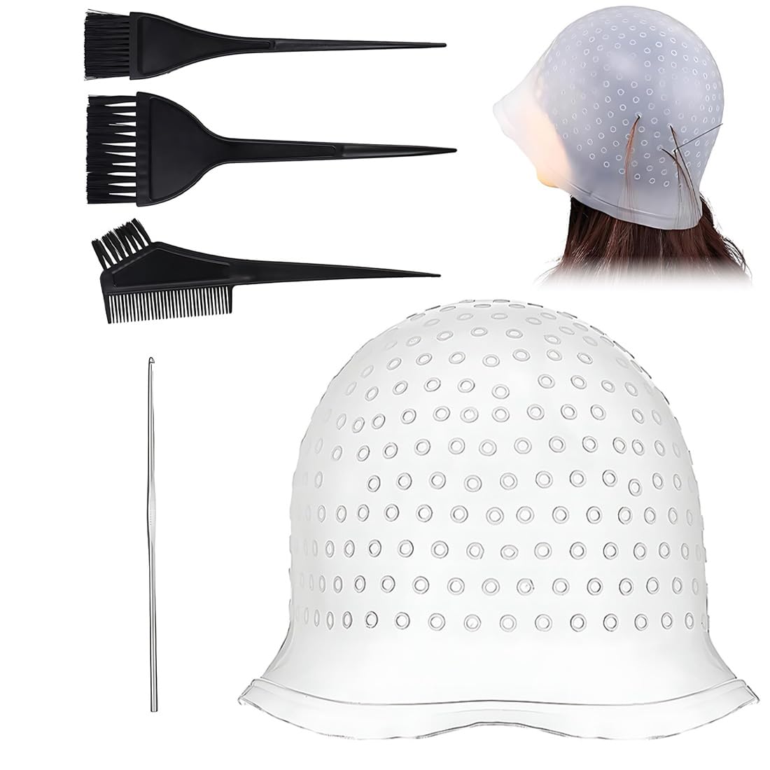 1 Set di Kit di Cappello per Colorazione dei Capelli, Cappello per Colorazione in Silicona con Fori per Meches, con Pennello e Ago, Adatto per Donne e Ragazze (Bianco)