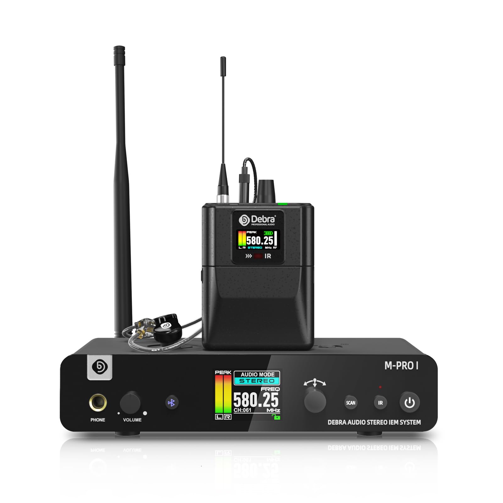 Debra M-PROI Wireless in-Ear Monitor System with Auto Frequency Scan, Stereo/Mono Mode, 80m Range, Bluetooth, and IR Sync for Stage, Studio, Live Performance (Single Channel, 1 Bodypack)