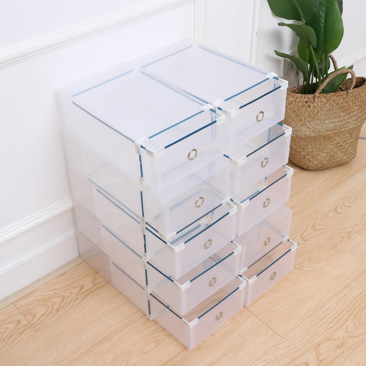 10 Pezzi Scatola Organizer Scarpe in Plastica Bianco Impilabile e Portatile Bordo in Metallo per Armadio, Contenitore Basso per Scarpe da Donna 31x20x12,5 Cm