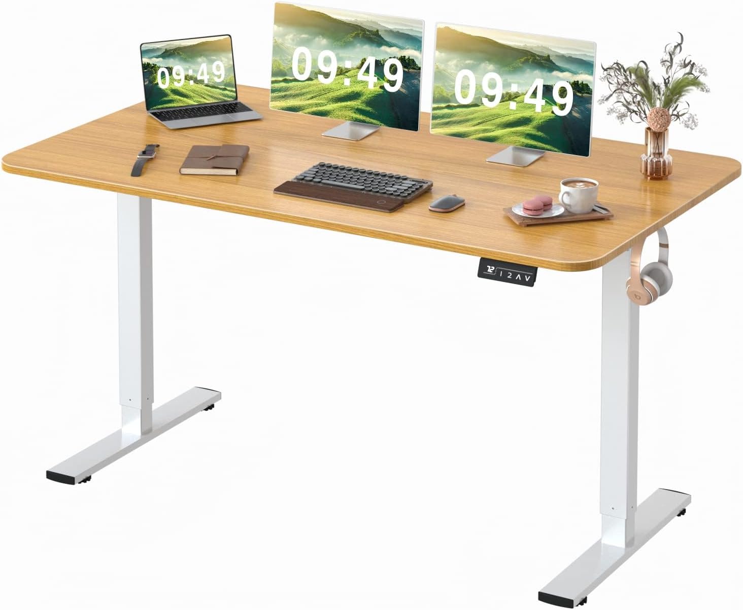Furmax Electric Standing Desk, 45 x 24 Inches Sit Stand up Desk, Sit Stand Height Adjustable Home Office Desk with 4 Height Position Memory - with Splice Board (Brown, 45)