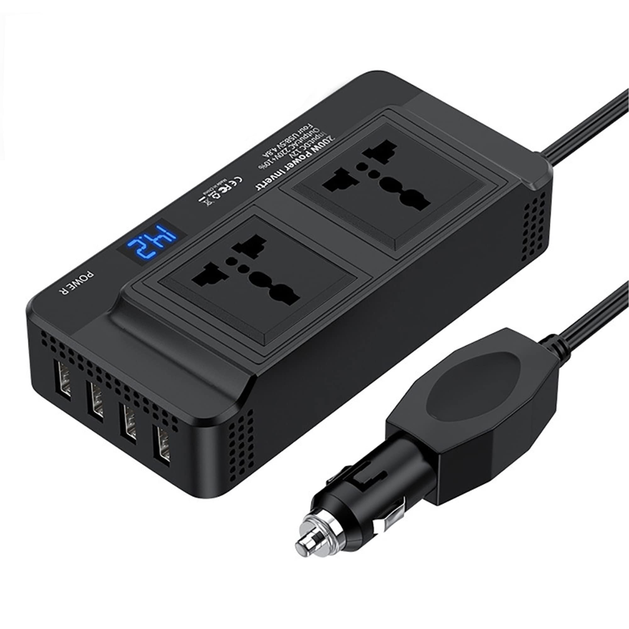 Power Inverter, 200W Power Inverter DC 12V to 220V AC Car Charger Adapter with 2 Universal Socket and 4 USB Ports, Switch LCD Display