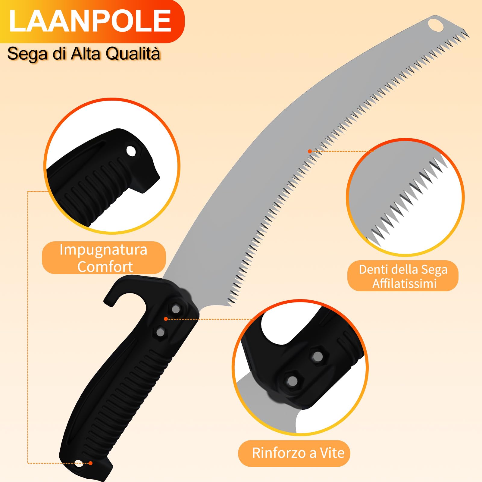 LAANPOLE Sega su Asta 3,6m, Potatore su Asta Telescopica con Asta di Estensione 1-3,6m, Potatore Manuale per Giardino, Arancione