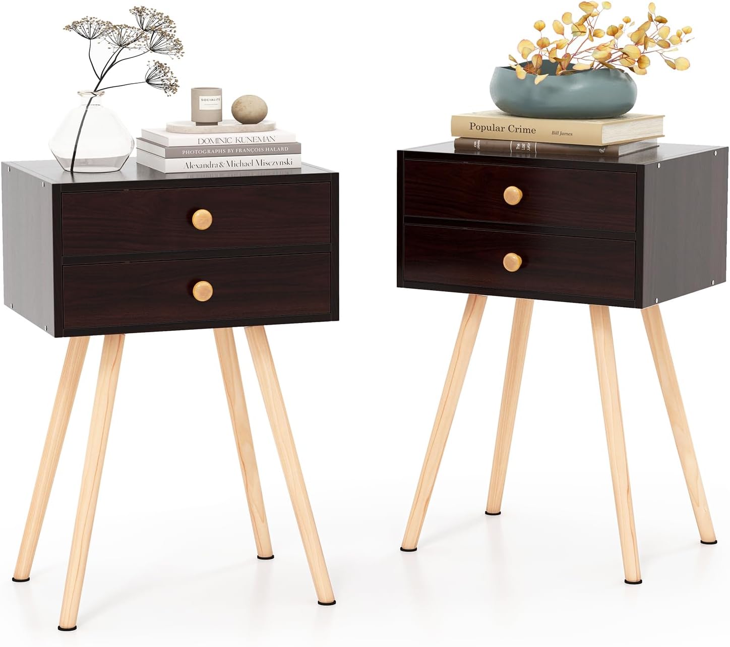 LOKO 2 Drawers Nightstand Set of 2, Stylish Side Table with Round Handles & Sturdy Solid Wood Legs, Modern End Table with 2 Drawers for Bedroom, Small Spaces (2, Espresso)