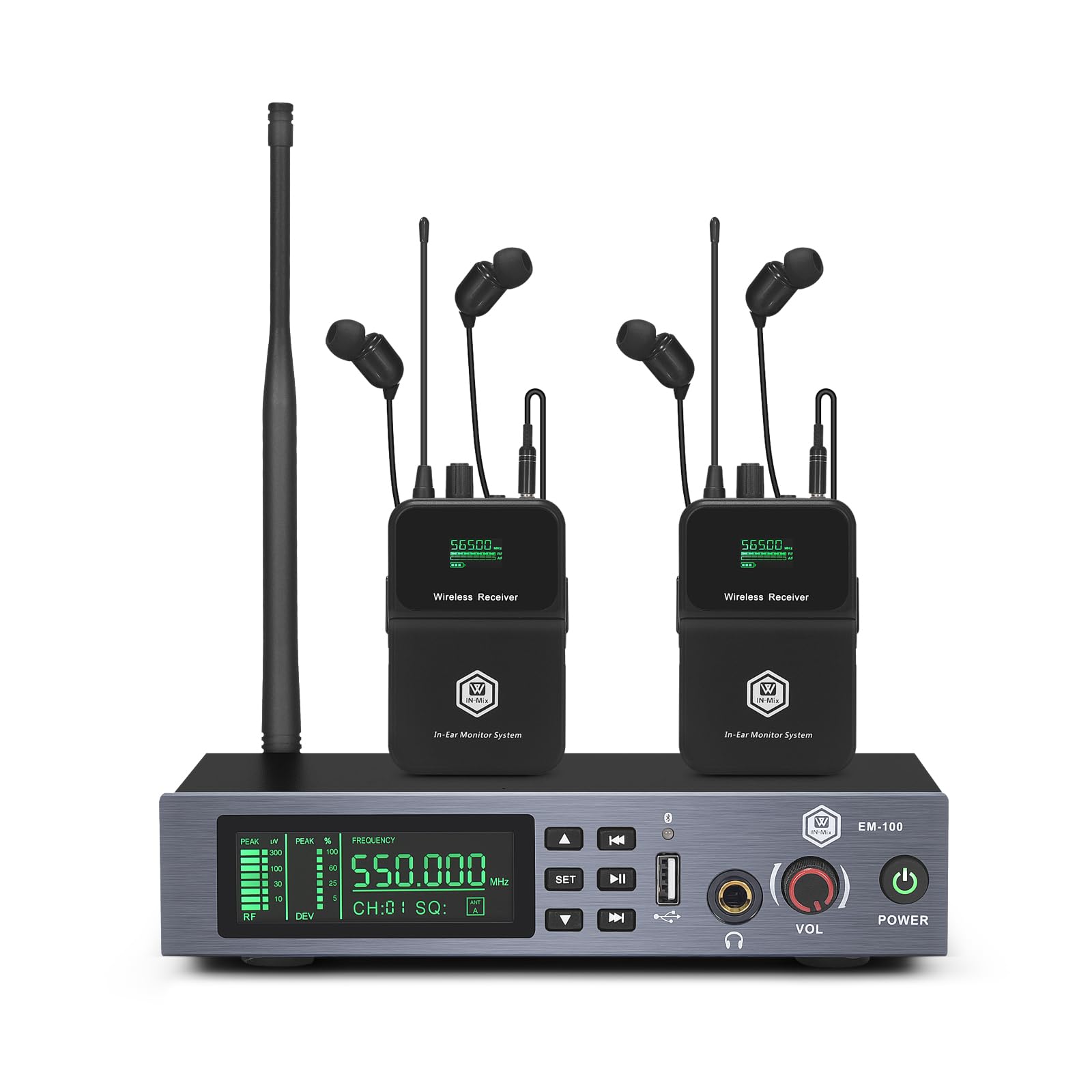 W IN-MIX EM100 UHF Wireless in-Ear Monitor System – 1-Channel with 2 Bodypacks Mono IEM System, PLL Technology, 300ft Range, Ultra-Low Latency for Live Stage, Recording Studio &amp; Musicians