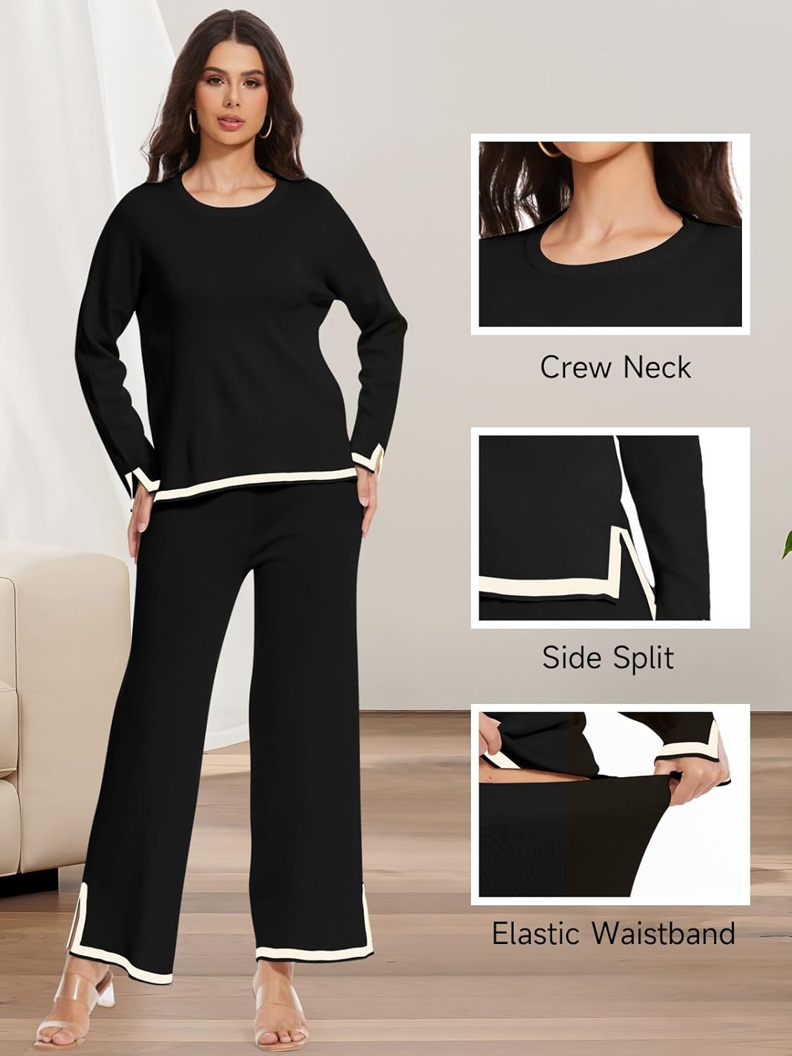 Womens Lounge Sets Knit Long Sleeve Sweater Pajama Sets Sweatsuits 2 Piece Pant Sets Casual Tracksuit Travel Outfits - Image 3