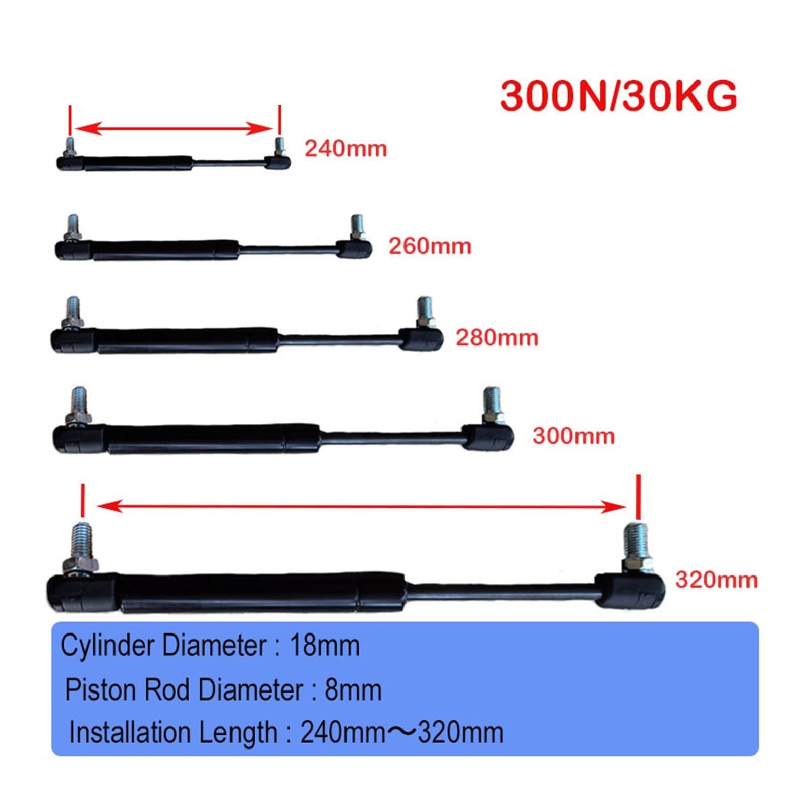 Uniwersalne pręty rozporowe Amortyzator sprężyny gazowej hydrauliczny | 240mm-320mm 300N/30KG do maszyny samochodowej z łóżkiem typu RV(18-8-95-270)