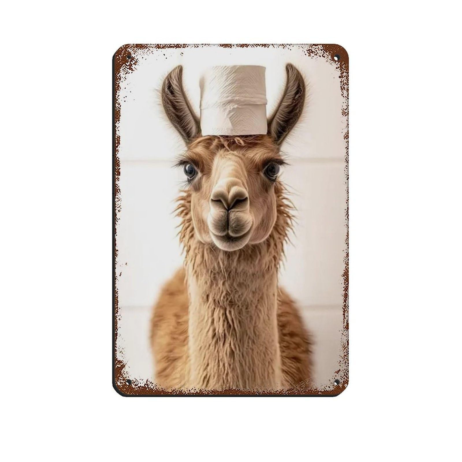 Llama with A Toilet Paper Roll on Head Retro Poster Metal Tin Sign Chic Art Retro Iron Painting Bar People Cave Cafe Family Garage Poster Wall Decoration 8x12inch(20x30cm)
