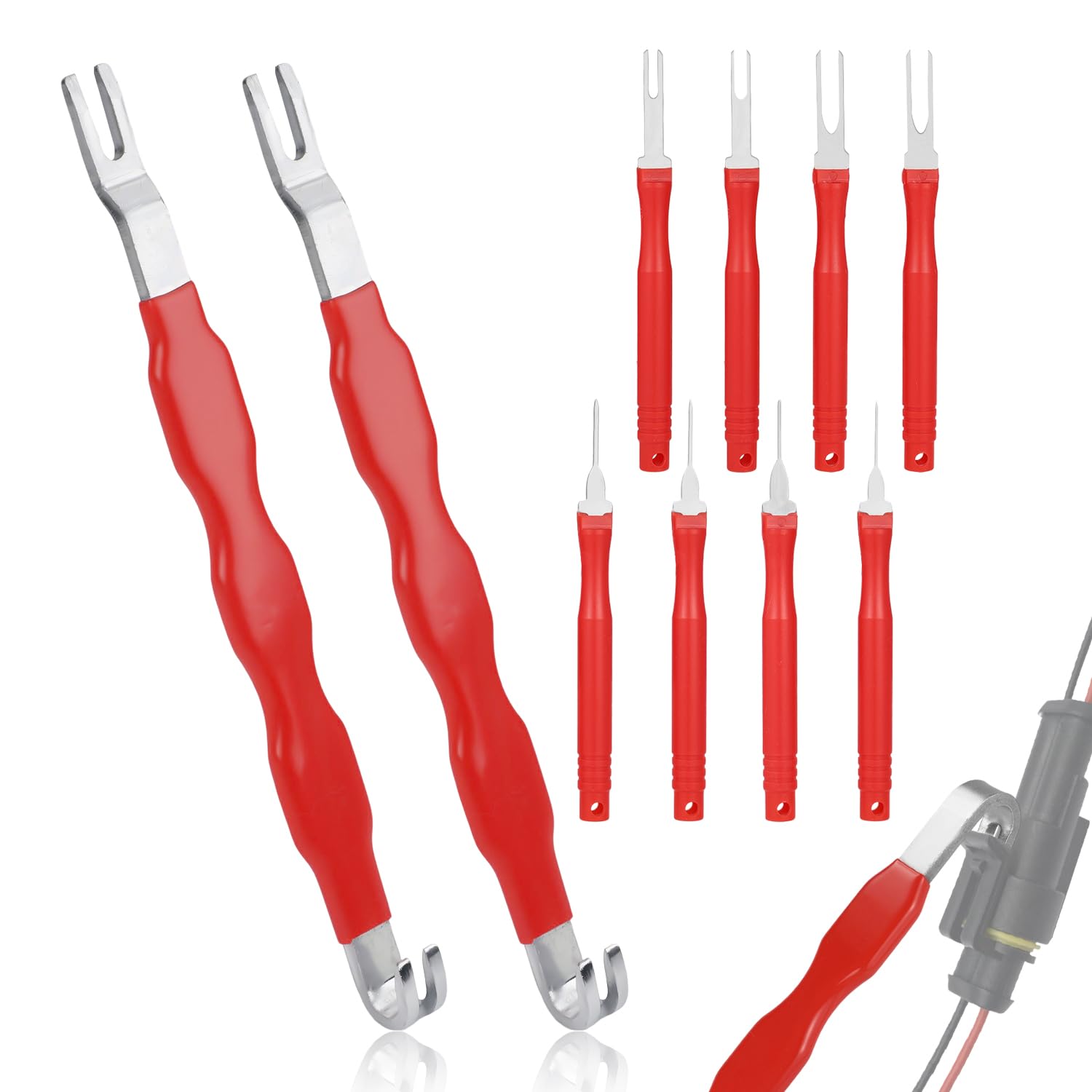 2pcs Automotive Electrical Connector Separator Tools & 8pcs Terminal Removal Tools, Universal Plug Connector Disconnect Remover Pliers for Cars Trucks System (Red)