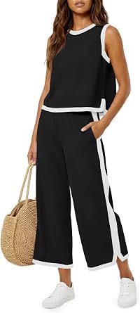 Fisoew Womens 2 Piece Outfits Sleeveless Wide Leg Capris Tracksuits