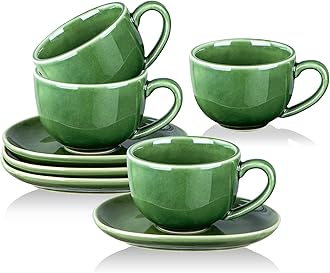 vicrays 6.5 oz Cappuccino Cups with Saucers, Set of 4, Ceramic Coffee Cup for Au Lait, Double shot, Latte, Cafe Mocha, Tea (Green)