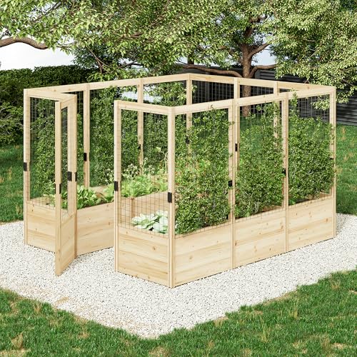 AMERLIFE Raised Garden Bed with Deer Proof Fence, 7.5Wx9Dx6H Outdoor Wooden Raised Garden Bed Planter with 19' Depth Planter Box