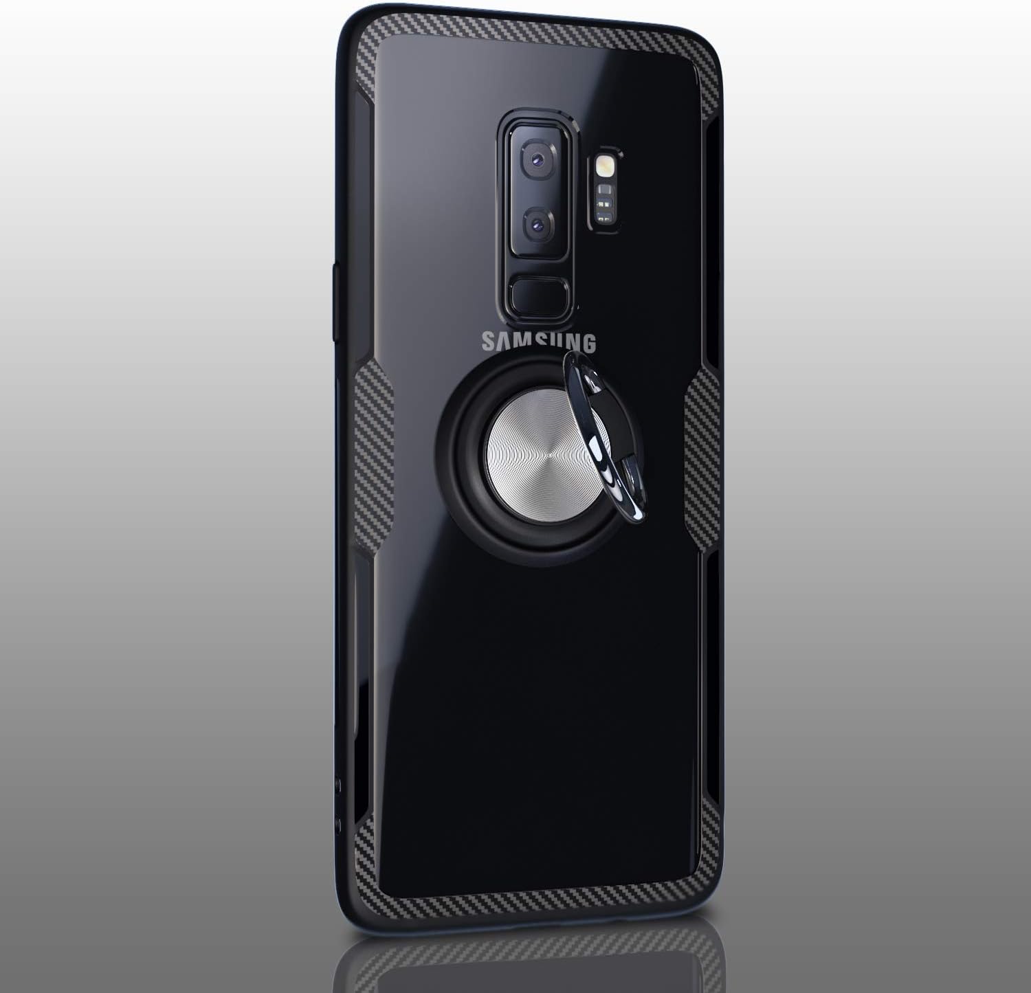 Samsung Galaxy S9 Plus Case | Transparent Crystal Clear Cover | Slim Silicone Rubber Bumper Frame | 360° Rotating Magnetic Finger Ring | Kickstand | Compatible with Samsung Galaxy S9 Plus - Black