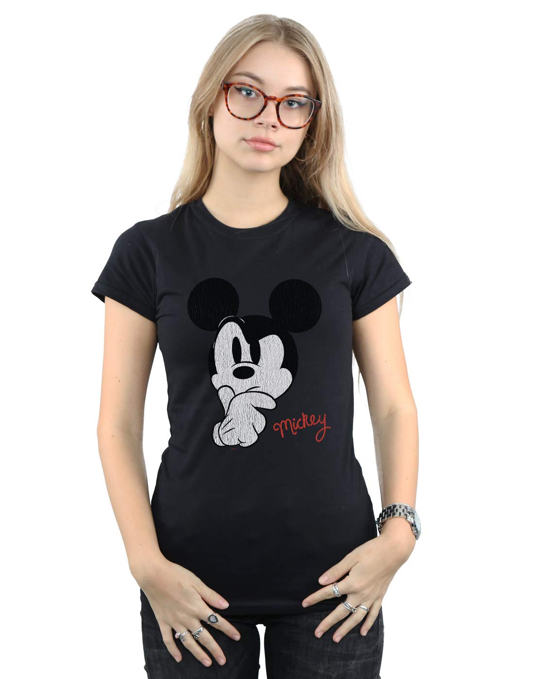 Disney Women's Mickey Mouse Distressed Ponder T-Shirt Black Medium