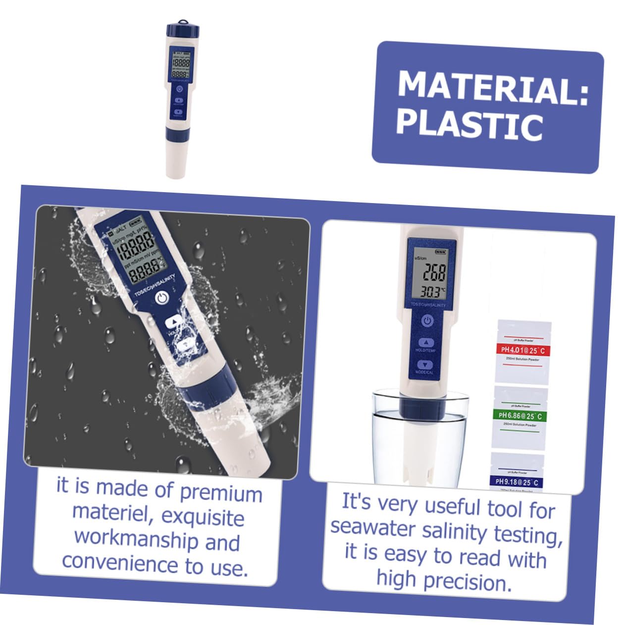 Sosoport Tester Digitale Salinità per Acqua Marina e Acquario | Misura Ec, Ph e Temperatura, Design Lcd Unico, 3 Batterie Lr44 Incluse