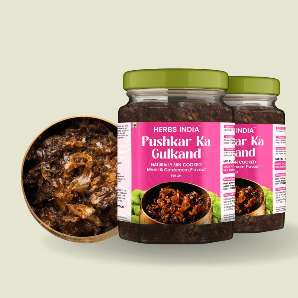 HERBS INDiA Pushkar Ka Gulkand- Mishri & Cardamom Flavour | No Added Preservatives and Colours | Homemade -Pack of 1(500gm)