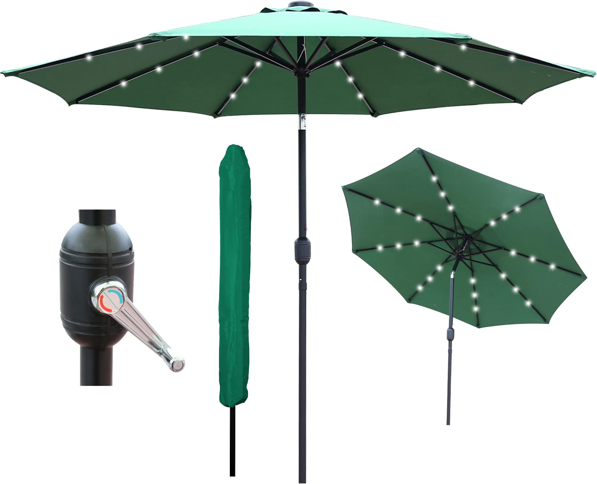 GlamHaus Garden Parasol Solar LED 2.7M,Tilting Table Umbrella with Crank Handle, Protection UV40, Includes Parasol Cover, Gardens and Patios - Sand, Grey, Cream, Green, Khaki
