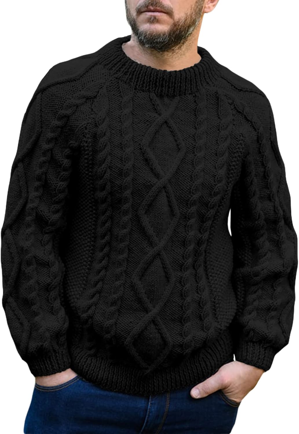 Mens Cable Knit Pullover Sweater Winter Crew Neck Long Sleeve Ribbed Vintage Sweaters