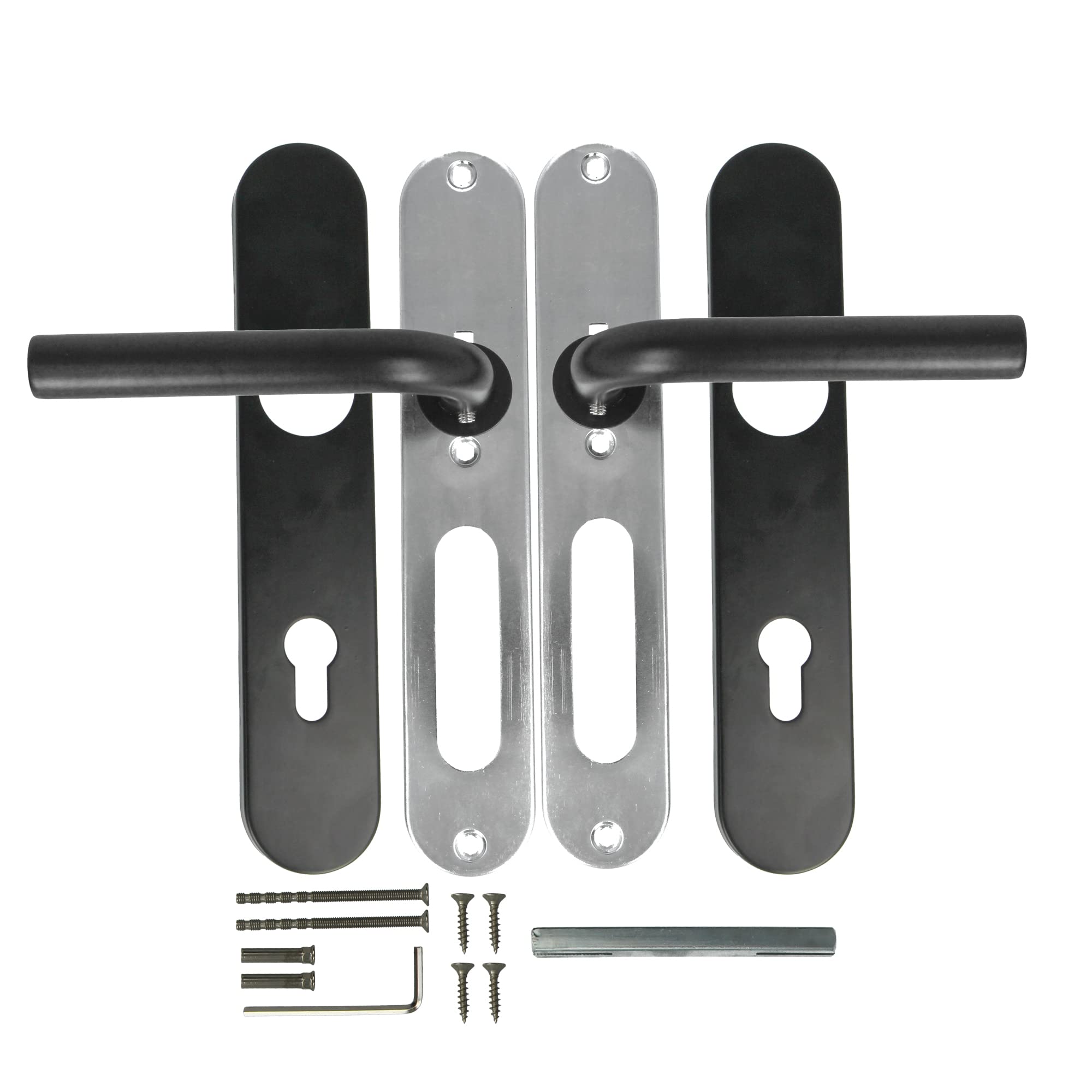 Amig – Juego de manillas con placa para puertas – Diseño cilíndrico ergonómico – Medidas 245 × 45 mm – Acero inoxidable con placa de polipropileno – Incluye cuadradillo 8 mm y tornillos – Mod. 4PXB85