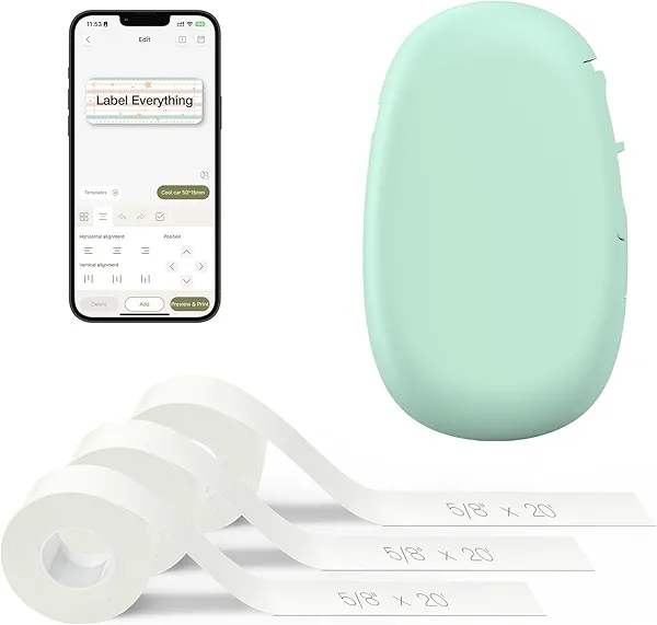 SUPVAN E10 Bluetooth Label Maker Machine with 3 Tapes, Continuous Waterproof Label, Versatile App with 35 Fonts and 1k+ Icons, Inkless Labeler for Home, Kitchen, School, Office Organization,