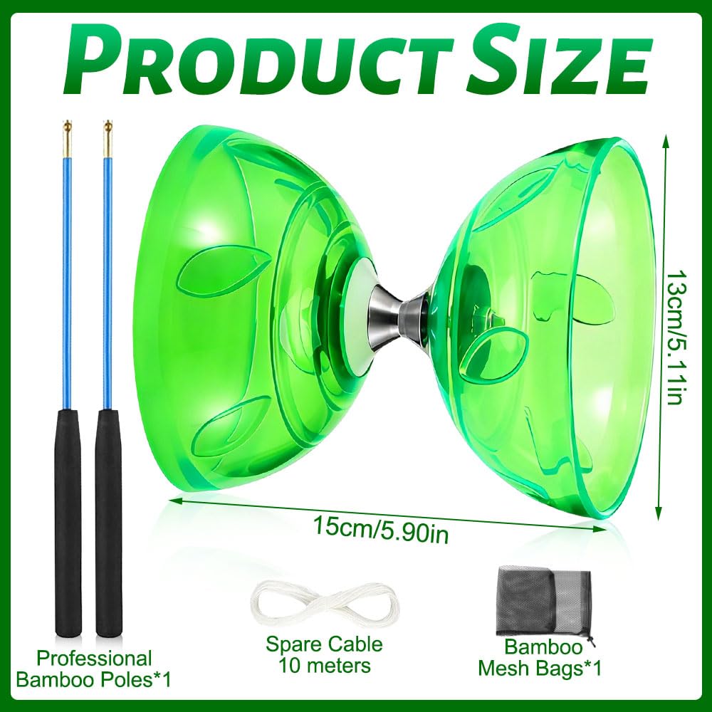 Diábolo con Rodamiento LED, Diábolo con Rodamientos de Bolas, Juego de Malabares de Goma Suave Transparente con Cuerda de Repuesto y Bolsa, Deportes de Ocio para Principiantes, Verde