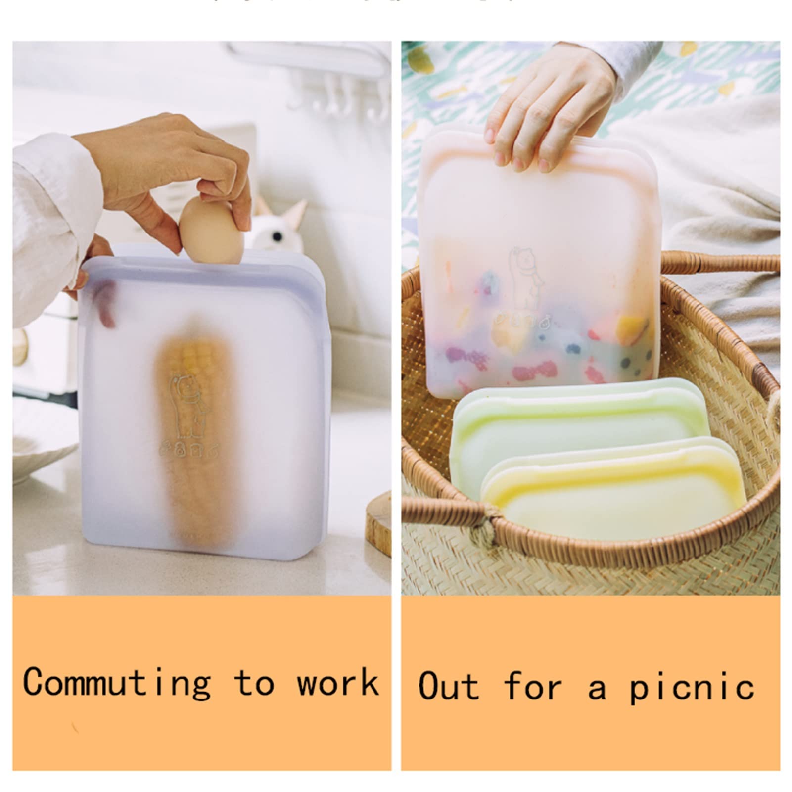 Bolsa de Almuerzo, Bolsa de Almacenamiento Reutilizable de Silicona, contenedor de Almacenamiento de preparación de Alimentos, for Horno, microondas, lavavajillas, 4 Piezas