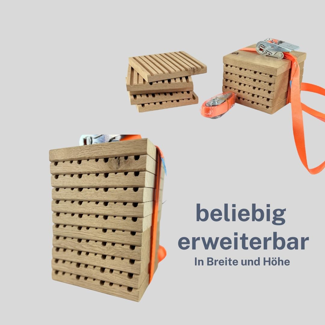 Nistblock für Wildbienen Eiche – Nachhaltige Nisthilfe aus gefrästen Bienenbrettchen – 10 Verschiedene Fräsrillen – Spanngurt inklusive – Insektenhotel für Wildbienen