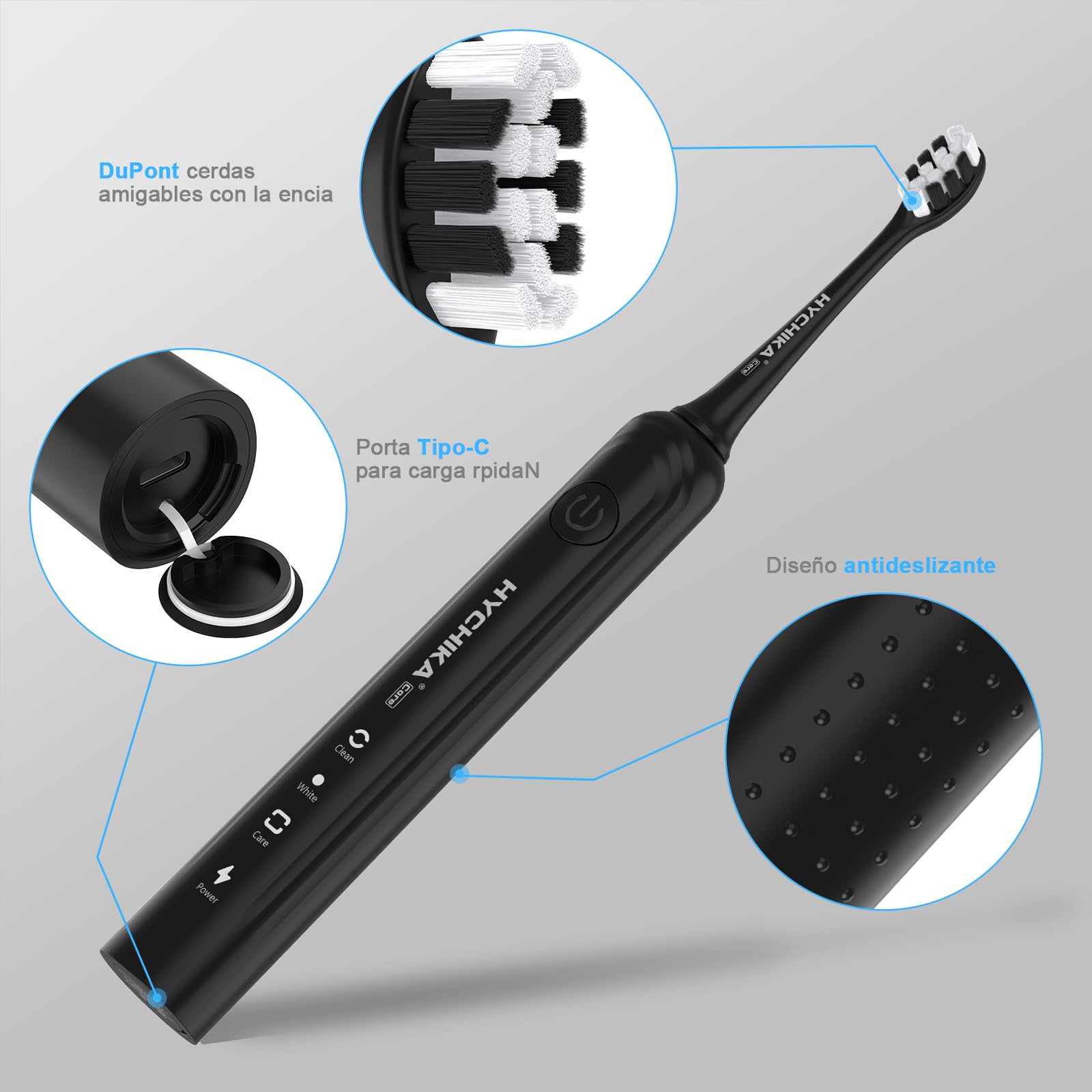 Cepillo de dientes eléctrico sónico para adultos,recargable 240 días de duración de batería con 2500mAh,8 cabezales de repuesto,3 modos de limpieza y resistencia al agua IPX7,negro