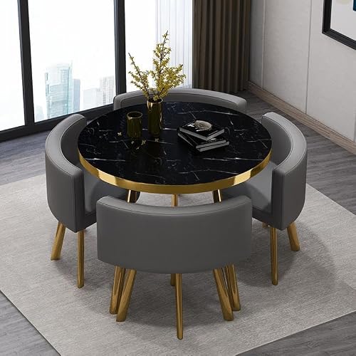 Modern Solid Wood Round Office Table and Chair Set - 90cm/80cm Dining Table with 4 Leather Seats, Ideal for Living Room, Reception, or Kitchen (90x90x75cm)