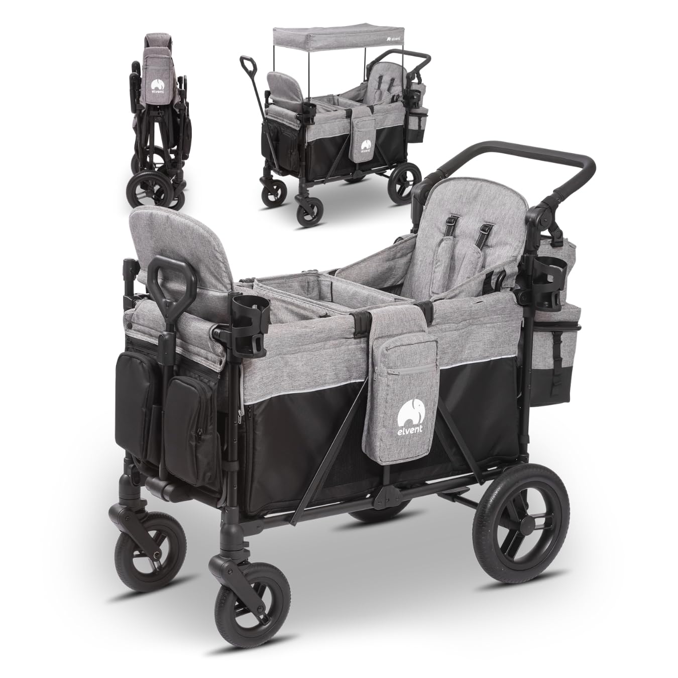 elvent® ComfortPlus 2 Sitzer Bollerwagen - Handwagen faltbar mit Dach I Feststellbremse, PU-Reifen, 5-Punkt-Gurt I für 2 Kinder (grau)