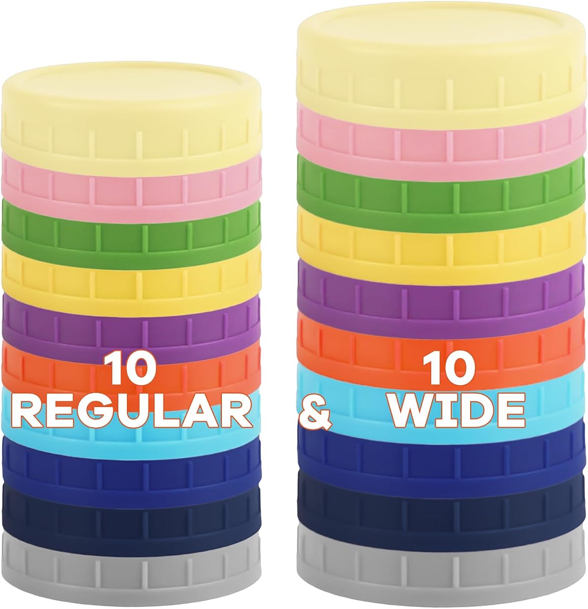 20 Pack Colorful Mason Jar Lids - 10 Wide Mouth & 10 Regular Mouth, Food Grade PP Plastic, Leak-Proof & Easy to Clean, Suitable for Freezer, Fridge, and Dry/Liquid Storage