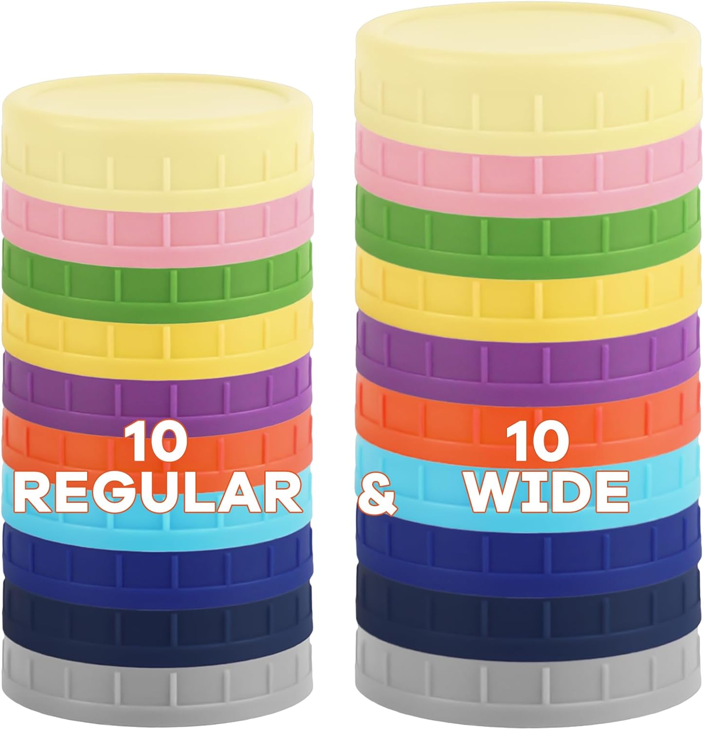 20 Pack Colorful Mason Jar Lids - 10 Wide Mouth & 10 Regular Mouth, Food Grade PP Plastic, Leak-Proof & Easy to Clean, Suitable for Freezer, Fridge, and Dry/Liquid Storage