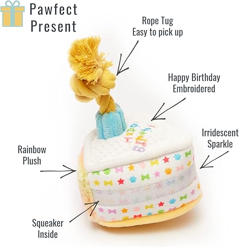 Miniatura 2 de Pet London Pastel de cumpleaños para perro, arcoíris, brillante, felpa con cuerda y tirador de vela, múltiples texturas, chirriante, celebra el