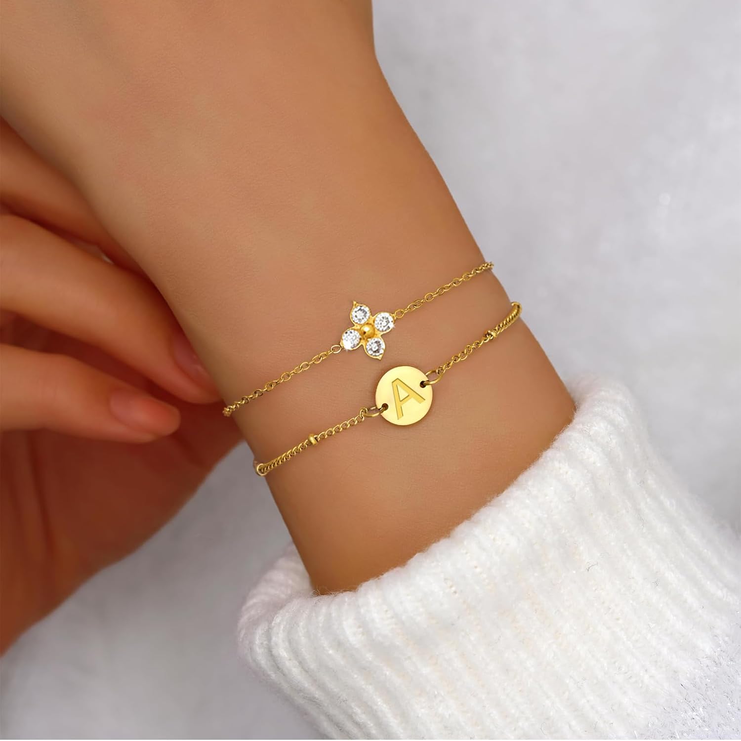 Gold Initial Bracelets for Women | Cubic Zirconia Clover Bracelet,Friend Gifts, Sister Gift,Best Friend Birthday Gifts for Woman, Bestie Bracelets, Christmas Stocking Stuffers for Women - Image 7